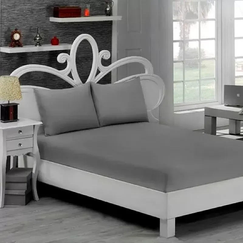 Set 3 Piese Yuny Mally Home, 100% Bumbac, Cearceaf Pat Dublu Cu Elastic 160X200 Cm Si Doua Fete De Perna 50X70Cm, Gri