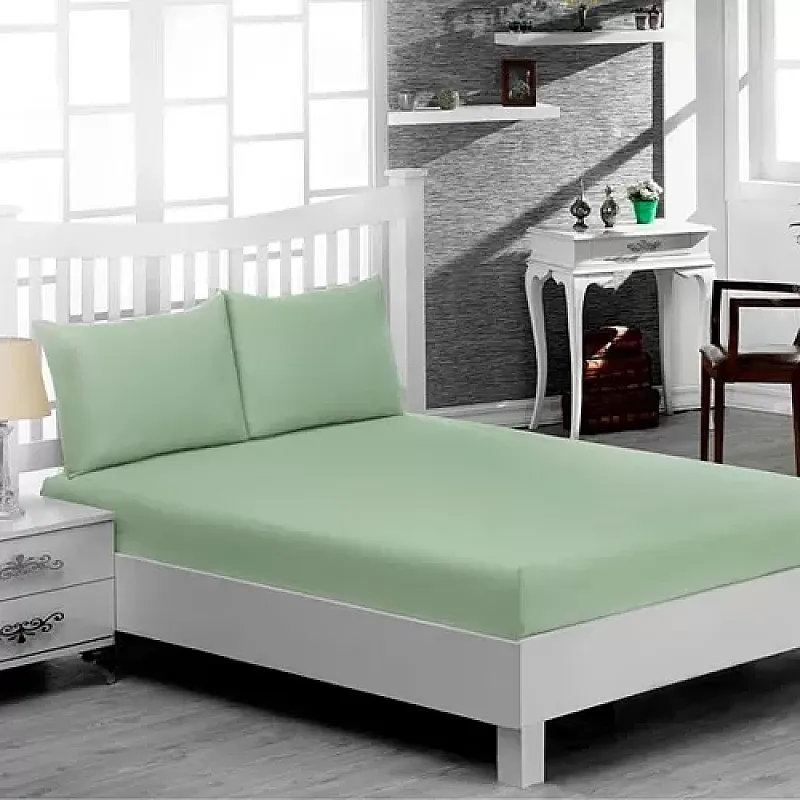 Set 3 Piese Yuny Mally Home, 100% Bumbac, Cearceaf Pat Dublu Cu Elastic 160X200 Cm Si Doua Fete De Perna 50X70Cm, Verde