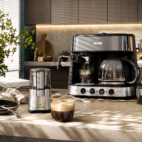 Pachet Espressor DelCaffe 3 in 1 Coffe Shot, 15 bari, 1850W, 1.25 l, Functie spumare, Inchidere automata, Negru+ Rasnita Del Caffe Grind Master, 220W, 60G