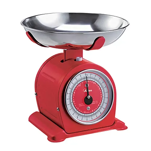 Cantar de bucatarie mecanic cu bol Ardes Bascula AR1PA3M, design vintage, capacitate maxima 5 kg, diviziune 20 g, functia tare, Rosu