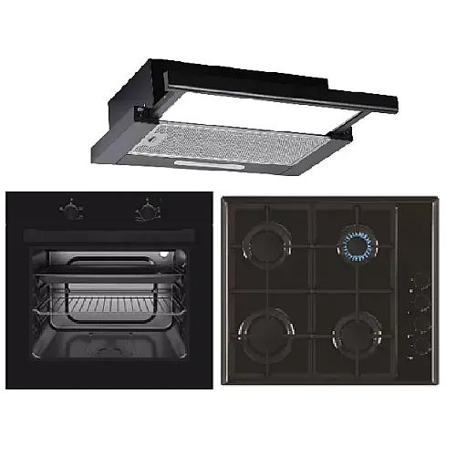 Pachet cuptor electric, plita gaz si hota telescopica Trio Mirage Iseo Black Studio Casa, 56 l, Clasa energetica A, 6 functii, 4 arzatoare gaz, 2 motoare, Negru