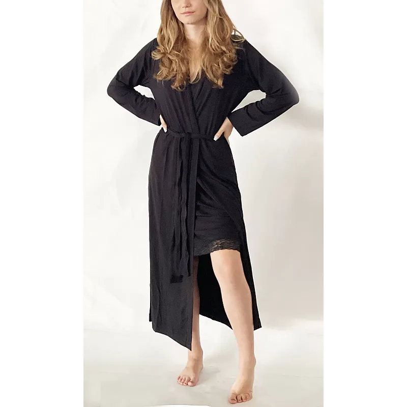 Pijama dama Nicol Da Re, Juliette, Bambus si dantela, camasa de noapte cu halat, XL, Negru