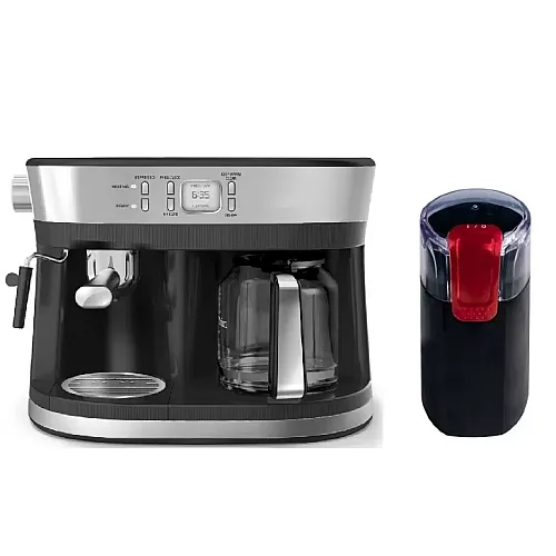 Pachet espressor 2 in 1 Studio Casa, Delicia Combi inox, 15 bari + Rasnita de cafea Studio Casa CG9101B18 Miss Crush, 150 W, lame inox, Negru/Rosu