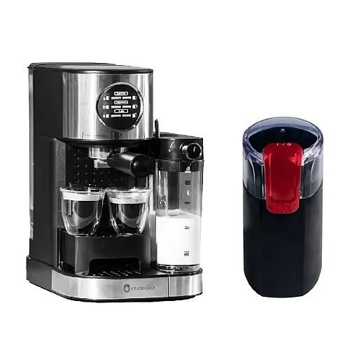 Pachet espressor manual Studio Casa, SC509 Barista Latte, 15 bari , cu recipient de lapte + Rasnita de cafea Studio Casa CG9101B18 Miss Crush, 150 W, lame inox, Negru/Rosu